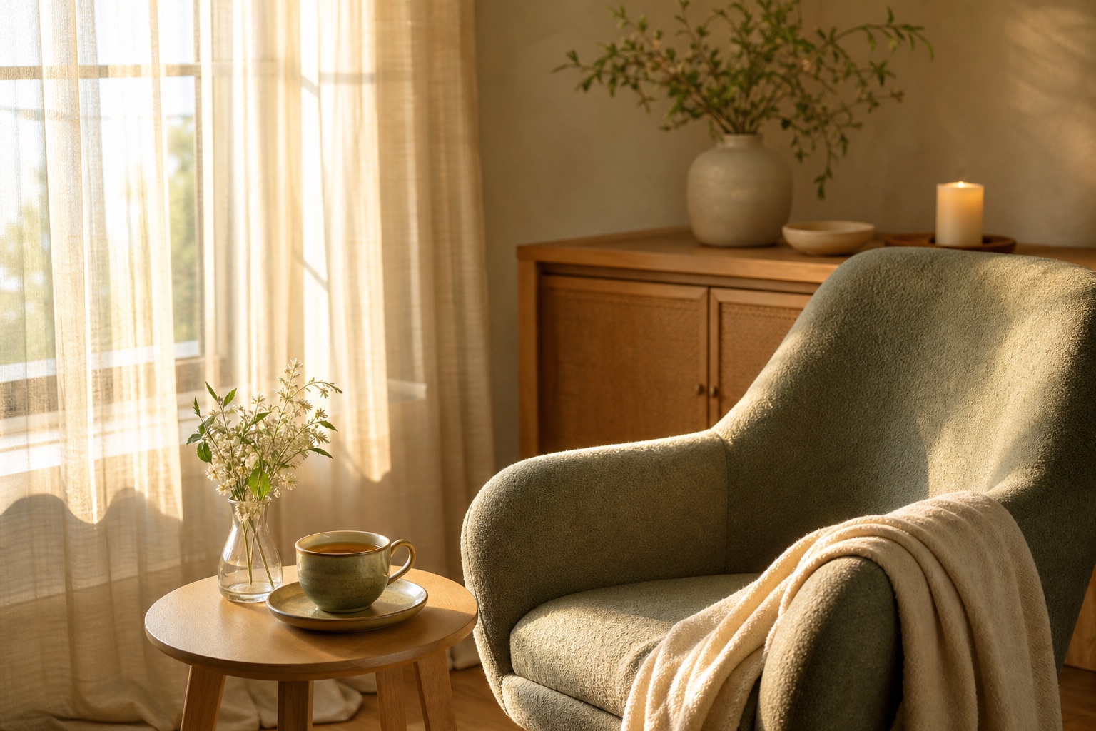 Espace détente lumineux : fauteuil inoccupé près d’une haute fenêtre aux rideaux de lin, tasse de tisane sur une table en chêne clair