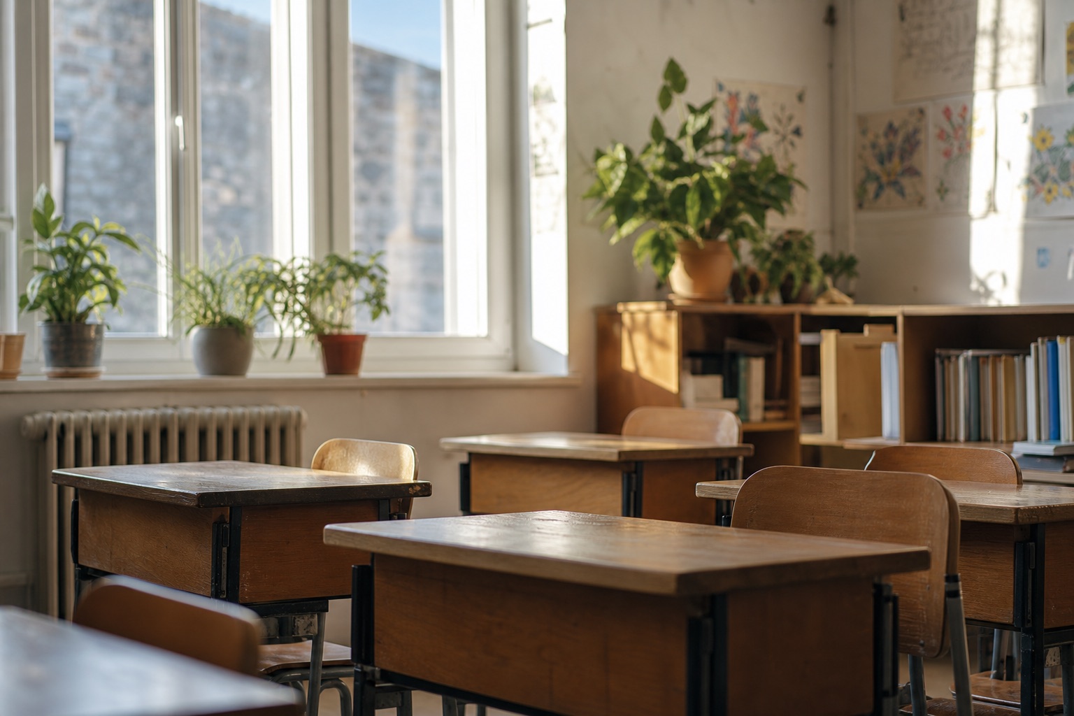 Classe d'école primaire calme en lumière douce d'après-midi : rangées de pupitres en bois, grande fenêtre, plantes sur une étagère