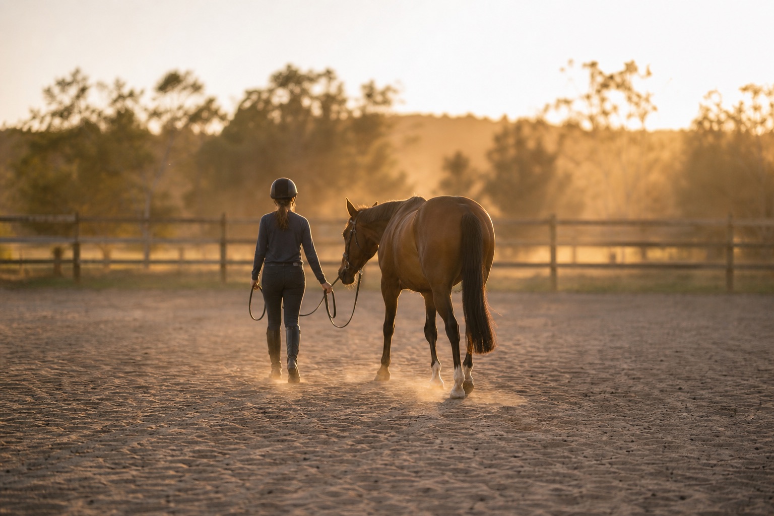 Cavalière menant un cheval bai calme en main dans une carrière sablonneuse au soleil rasant, poussière dorée