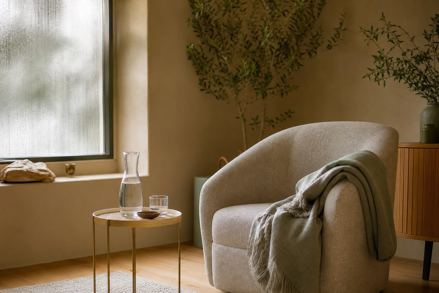 Salle de pratique de sophrologie : fauteuil confortable, plaid doux et carafe d'eau sur une table basse, lumière naturelle tamisée