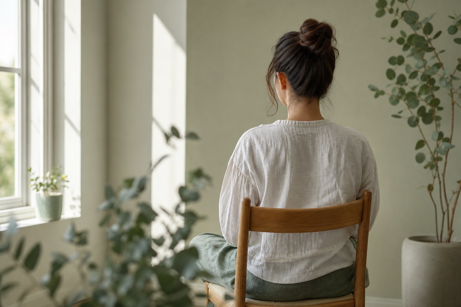 Exercice de respiration : une personne assise bien droite près d'une fenêtre lumineuse, épaules détendues, eucalyptus en pot au premier plan